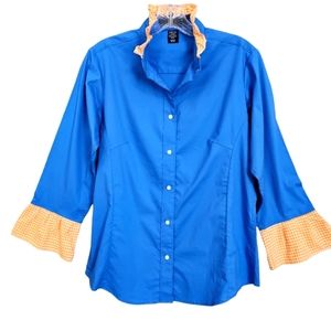Nwot Pearly Vines Blue Button Down Blouse with Orange Gingham Neck/Sleeves